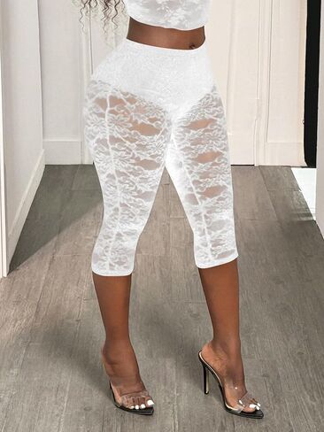 Women's Lace See Through Capri Pants Sheer Mesh 3/4 Length Leggings Skinny Party Trousers in Saudi Arabia