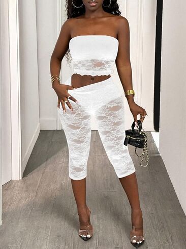 Women's Lace See Through Capri Pants Sheer Mesh 3/4 Length Leggings Skinny Party Trousers in Saudi Arabia
