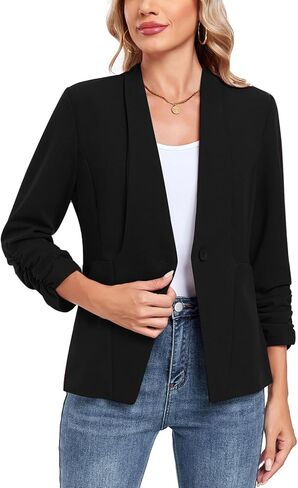 MINTLIMIT Womens Blazer 3/4 Rcuhed Sleeve Button Lightweight Collarless Blazer Business Work Office Jacket Blazers in Saudi Arabia