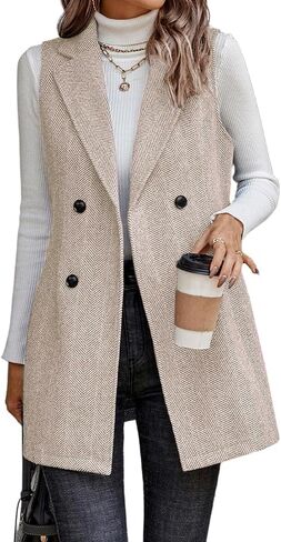 Mywinway Tweed Vest Women Fall Winter sleeveless Long Herringbone Wool Blazer Jackets Dress Trendy Outerwear in Kuwait