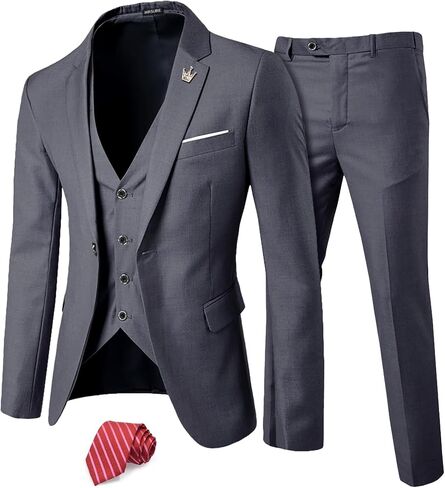 MrSure Men’s 3 Pieces Suit, Slim Fit Tuxedo with One Button, Jacket Vest Pants & Tie Set for Party, Wedding and Business in Saudi Arabia