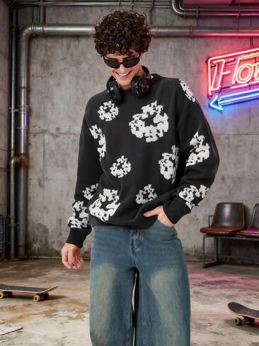 ZAFUL Oversized Mens Sweater Graphic Casual Crewneck Pullover for Y2K Vintage Streetwear Long Sleeve Aesthetic Knitwear in Saudi Arabia