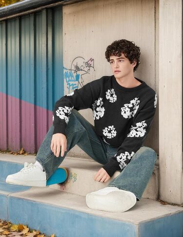 ZAFUL Oversized Mens Sweater Graphic Casual Crewneck Pullover for Y2K Vintage Streetwear Long Sleeve Aesthetic Knitwear in Saudi Arabia