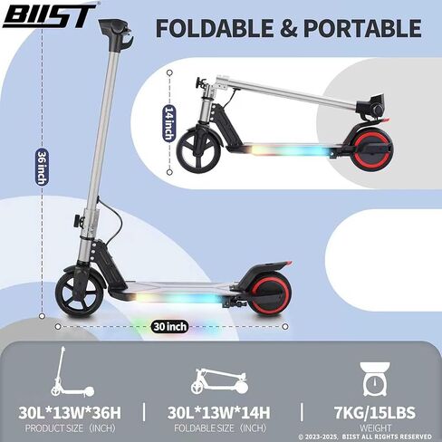 BIIST Foldable Electric Scooter for Kids, with LED Front Head Lights, Bar Lights, Shining Pedal Lights, LED Display, Dual Brakes 150W Motor Kids Electric Scooter， UL2272 Approved in Saudi Arabia