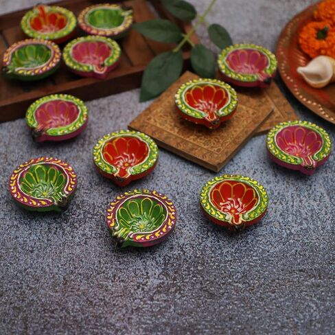 12 Pc Terracotta Handpainted Diya Set - Multicolor Decorative Clay Diyas for Diwali Pooja & Thanksgiving Celebrations | Unique Indian Gift Item | Natural Mitti Earthen Diyas in Saudi Arabia