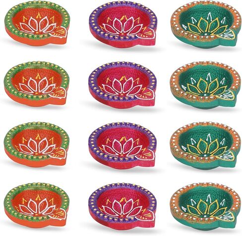 12 Pc Terracotta Handpainted Diya Set - Multicolor Decorative Clay Diyas for Diwali Pooja & Thanksgiving Celebrations | Unique Indian Gift Item | Natural Mitti Earthen Diyas in Saudi Arabia