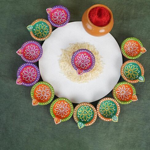 12 Pc Terracotta Handpainted Diya Set - Multicolor Decorative Clay Diyas for Diwali Pooja & Thanksgiving Celebrations | Unique Indian Gift Item | Natural Mitti Earthen Diyas in Saudi Arabia