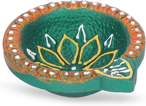 12 Pc Terracotta Handpainted Diya Set - Multicolor Decorative Clay Diyas for Diwali Pooja & Thanksgiving Celebrations | Unique Indian Gift Item | Natural Mitti Earthen Diyas in Saudi Arabia