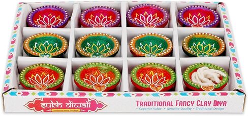 12 Pc Terracotta Handpainted Diya Set - Multicolor Decorative Clay Diyas for Diwali Pooja & Thanksgiving Celebrations | Unique Indian Gift Item | Natural Mitti Earthen Diyas in Saudi Arabia
