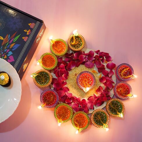 12 Pc Terracotta Handpainted Diya Set - Multicolor Decorative Clay Diyas for Diwali Pooja & Thanksgiving Celebrations | Unique Indian Gift Item | Natural Mitti Earthen Diyas in Saudi Arabia