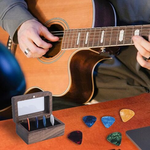 Black Walnut Guitar Pick Holder with 10 Celluloid Picks in 4 Thicknesses, Ideal Guitar Accessories Gifts for Acoustic, Electric, Bass Guitar Players and More in Kuwait