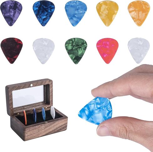Black Walnut Guitar Pick Holder with 10 Celluloid Picks in 4 Thicknesses, Ideal Guitar Accessories Gifts for Acoustic, Electric, Bass Guitar Players and More in Kuwait
