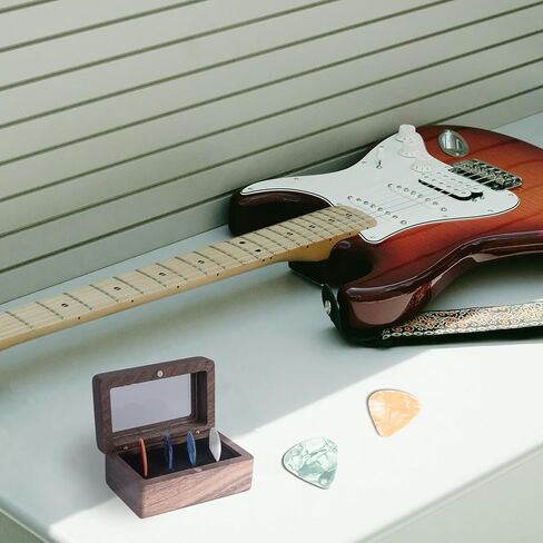 Black Walnut Guitar Pick Holder with 10 Celluloid Picks in 4 Thicknesses, Ideal Guitar Accessories Gifts for Acoustic, Electric, Bass Guitar Players and More in Kuwait
