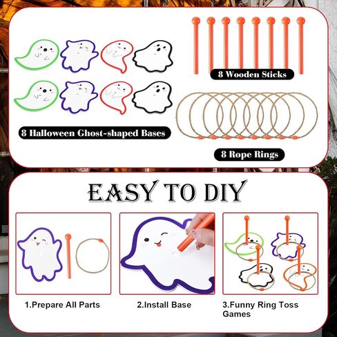 Poen 8 Set Halloween Ring Toss Include 8 Pcs Wooden Ghost Target Stands, 8 Pcs Rope Rings Party Ghost Ring Toss for Indoor Outdoor Party Supplies in Saudi Arabia