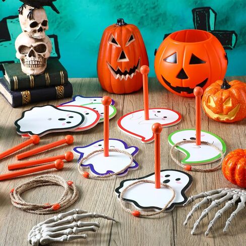 Poen 8 Set Halloween Ring Toss Include 8 Pcs Wooden Ghost Target Stands, 8 Pcs Rope Rings Party Ghost Ring Toss for Indoor Outdoor Party Supplies in Saudi Arabia