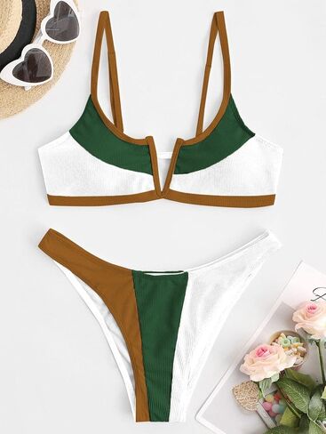 Stylish Color-Block Bikini Set for Beach Days - Comfortable Fit, Trendy Design, Perfect for Summer Vacations in Saudi Arabia