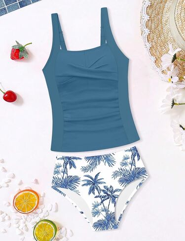 Girls Swimsuit 2 Piece Twist Cross Girls Tankini Swimsuit Color Block Ruched Bathing Suit Printed Swimwear for 9-16Y in Saudi Arabia