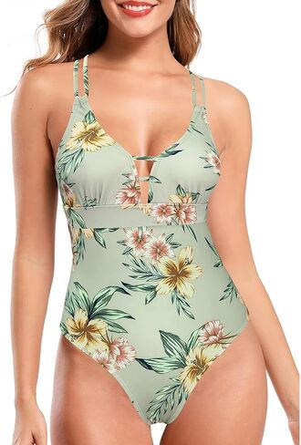 Women's Deep V Neck Cutout One Piece Swimsuit Tie Knot Crossback Bathing Suit in Saudi Arabia