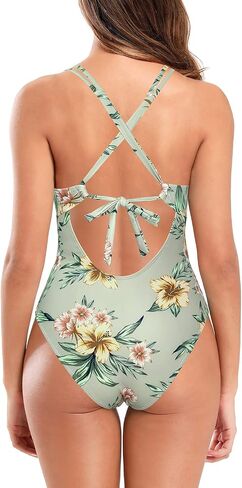 Women's Deep V Neck Cutout One Piece Swimsuit Tie Knot Crossback Bathing Suit in Saudi Arabia