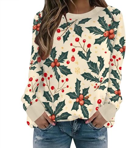 Neyaolk المرأة عيد الميلاد الأزهار بلوزات مضحك الرسم Crewneck البلوز القمم عادية فضفاض كم طويل بلايز قمصان عيد الميلاد in Kuwait