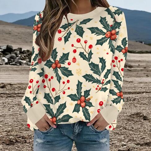Neyaolk المرأة عيد الميلاد الأزهار بلوزات مضحك الرسم Crewneck البلوز القمم عادية فضفاض كم طويل بلايز قمصان عيد الميلاد in Kuwait