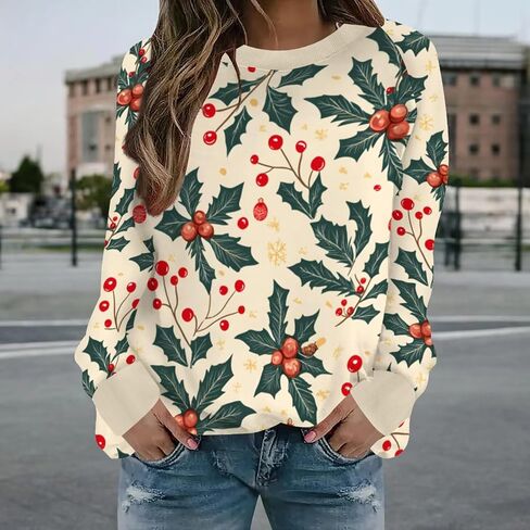 Neyaolk المرأة عيد الميلاد الأزهار بلوزات مضحك الرسم Crewneck البلوز القمم عادية فضفاض كم طويل بلايز قمصان عيد الميلاد in Kuwait