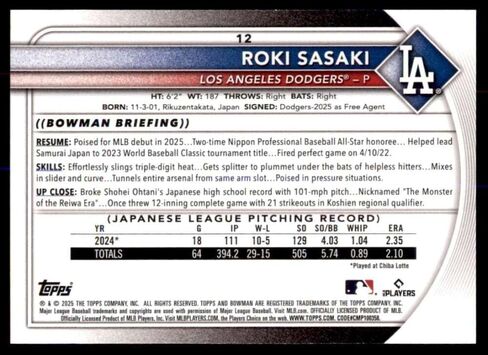 2025 Bowman #12 Roki Sasaki RC Rookie Card Los Angeles Dodgers بطاقة البيسبول الرسمية بحالة خام (NM أو أفضل) in Saudi Arabia