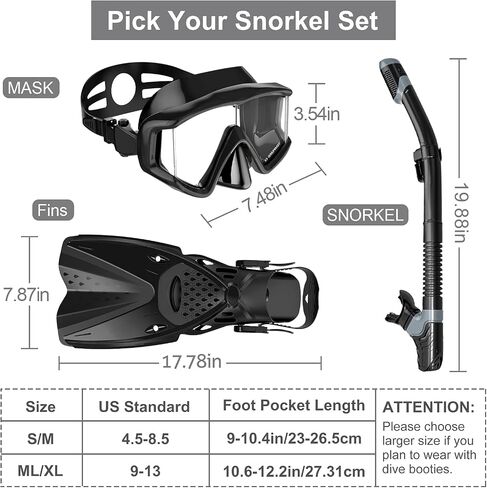 Mask Fins Snorkeling Gear for Adults Men Women, Swim Goggles 185° Panoramic View Diving Mask Anti-Fog Anti-Leak&Dry Top Snorkel and Dive Flippers with Gear Bag for Snorkeling Swimming in Saudi Arabia