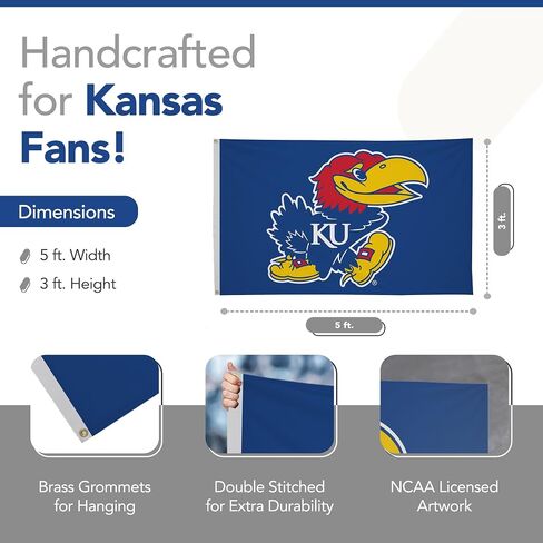 علم مطبوع من Kansas Jayhawks College Sports - مرخص من الرابطة الوطنية لرياضة الجامعات (NCAA) - نايلون - لافتة مدرسية (أزرق) (3 × 5 بوصات) in Kuwait