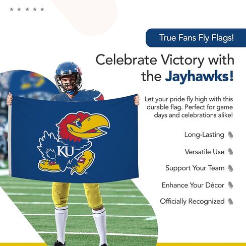 علم مطبوع من Kansas Jayhawks College Sports - مرخص من الرابطة الوطنية لرياضة الجامعات (NCAA) - نايلون - لافتة مدرسية (أزرق) (3 × 5 بوصات) in Kuwait