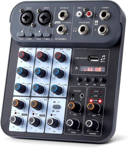 خلاط صوت دي جي 4 قنوات، لوحة صوت خلاطات دي جي، لوحة خلاط الصوت XLR 1/4 بوصة، مدخل كمبيوتر BT USB MP3، 48 فولت طاقة فانتوم ستيريو كاريوكي DJ Studio Streaming KTV Stage in Kuwait