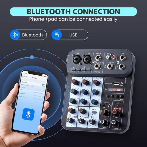 خلاط صوت دي جي 4 قنوات، لوحة صوت خلاطات دي جي، لوحة خلاط الصوت XLR 1/4 بوصة، مدخل كمبيوتر BT USB MP3، 48 فولت طاقة فانتوم ستيريو كاريوكي DJ Studio Streaming KTV Stage in Kuwait