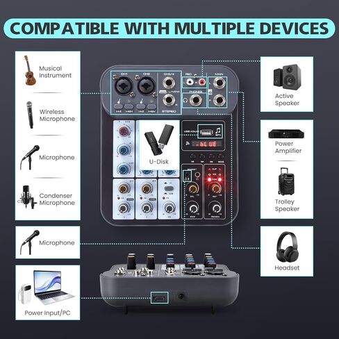 خلاط صوت دي جي 4 قنوات، لوحة صوت خلاطات دي جي، لوحة خلاط الصوت XLR 1/4 بوصة، مدخل كمبيوتر BT USB MP3، 48 فولت طاقة فانتوم ستيريو كاريوكي DJ Studio Streaming KTV Stage in Kuwait