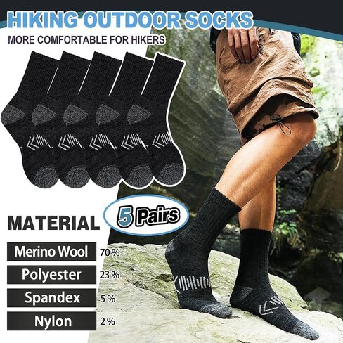 Merino Wool Hiking Socks Thermal Winter Warm Cozy Cushioned Moisture Wicking Crew Socks for Men 5 Pairs in Saudi Arabia