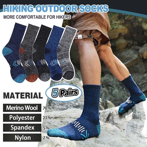 جوارب صوف ميرينو للتنزه سيرًا على الأقدام حرارية شتوية دافئة ومريحة ومبطنة وممتصة للرطوبة للرجال 5 أزواج in Kuwait