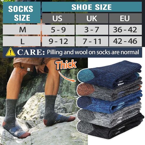 جوارب صوف ميرينو للتنزه سيرًا على الأقدام حرارية شتوية دافئة ومريحة ومبطنة وممتصة للرطوبة للرجال 5 أزواج in Kuwait