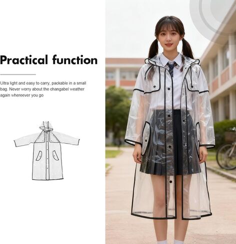 Yardwe Kids Raincoat Waterproof: Student Transparent Rain Suit Hooded - Clear Lightweight Poncho For Children - Portable Rainwear For Children Over 140cm Height in Saudi Arabia