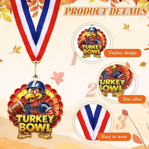 Cunno Turkey Medals Thanksgiving Turkey Bowl Medals 2'' Gold Award with Neck Ribbon for Thanksgiving Bowl Community Fall Holiday Events Sports Day Prizes in Saudi Arabia