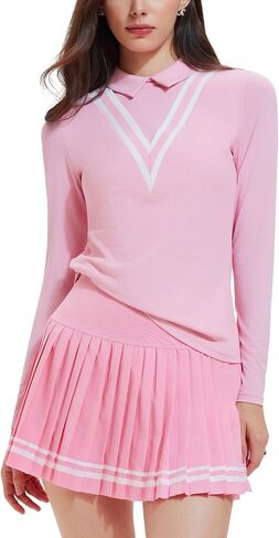 Women's 2 Piece Tennis Set, Long Sleeve Polo Top with Contrast Stripes & Pleated Skirt, Athletic Outfit for Golf Yoga in Kuwait