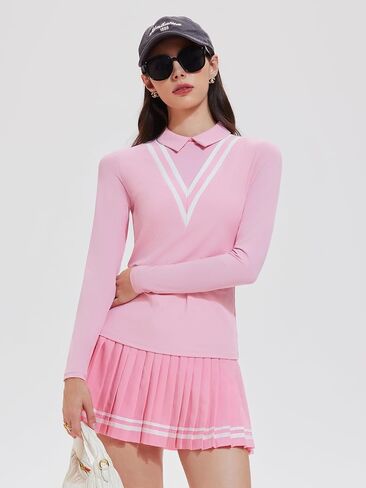 Women's 2 Piece Tennis Set, Long Sleeve Polo Top with Contrast Stripes & Pleated Skirt, Athletic Outfit for Golf Yoga in Kuwait