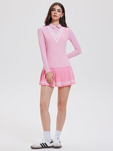 Women's 2 Piece Tennis Set, Long Sleeve Polo Top with Contrast Stripes & Pleated Skirt, Athletic Outfit for Golf Yoga in Kuwait
