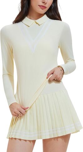 Women's 2 Piece Tennis Set, Long Sleeve Polo Top with Contrast Stripes & Pleated Skirt, Athletic Outfit for Golf Yoga in Kuwait