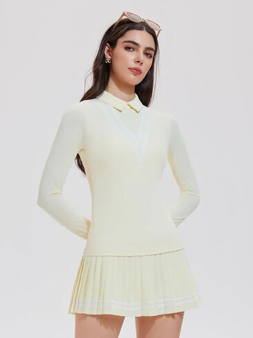 Women's 2 Piece Tennis Set, Long Sleeve Polo Top with Contrast Stripes & Pleated Skirt, Athletic Outfit for Golf Yoga in Kuwait