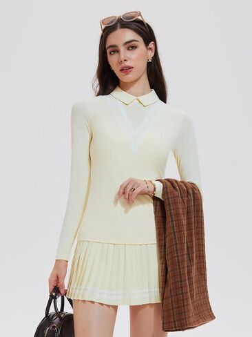 Women's 2 Piece Tennis Set, Long Sleeve Polo Top with Contrast Stripes & Pleated Skirt, Athletic Outfit for Golf Yoga in Kuwait