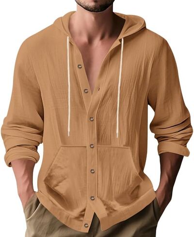 Mens Long Sleeve Shirts Drawstring Hooded Sweatshirt Casual Button Shirts in Saudi Arabia