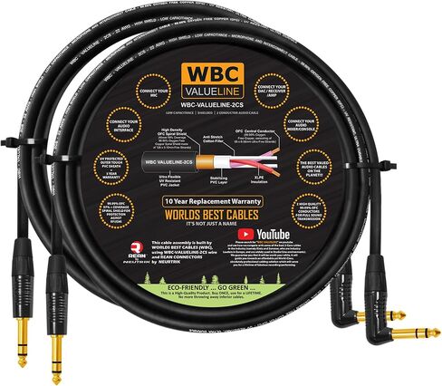WBC-VALUELINE-2CS (22 AWG) - 2 Units - 2 Foot - Low-Capacitance Shielded Balanced Flexible Interconnect Cables with Neutrik-Rean ¼ Inch (6.35mm) Gold Angled to Straight TRS Stereo Phone Plugs in Saudi Arabia