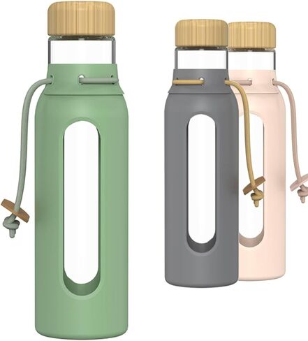 Borosilicate Glass Drinking Bottle with Bamboo Lid and Silicone Sleeve, 22 oz Reusable Water Bottle with Carry Cord for Travel, Leak Proof, BPA-Free (Forest Canopy) in Saudi Arabia