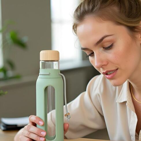 Borosilicate Glass Drinking Bottle with Bamboo Lid and Silicone Sleeve, 22 oz Reusable Water Bottle with Carry Cord for Travel, Leak Proof, BPA-Free (Forest Canopy) in Saudi Arabia