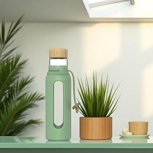 Borosilicate Glass Drinking Bottle with Bamboo Lid and Silicone Sleeve, 22 oz Reusable Water Bottle with Carry Cord for Travel, Leak Proof, BPA-Free (Forest Canopy) in Saudi Arabia