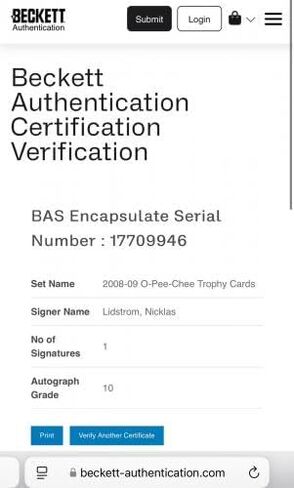 وقع نيكلاس ليدستروم على بطاقة كأس جيمس نوريس Slabbed Beckett BAS IP a - بطاقات الهوكي Slabbed الموقعة من المبتدئين in Saudi Arabia